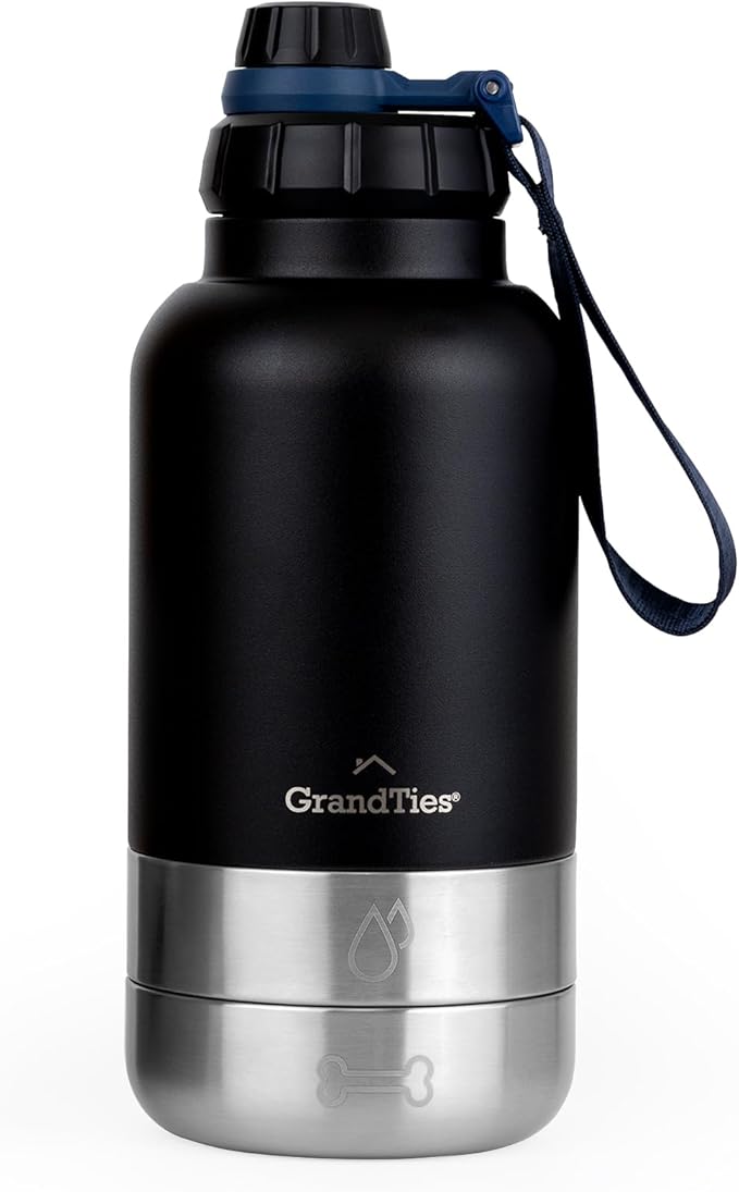 GrandTies Insulated Portable Dog Water Bottle with 2 Detachable Water Bowl Dispenser | Leak-Proof Dog Food Travel Container | Accessories for Dogs Walking, Hiking, Camping (32oz, Matte Black)
