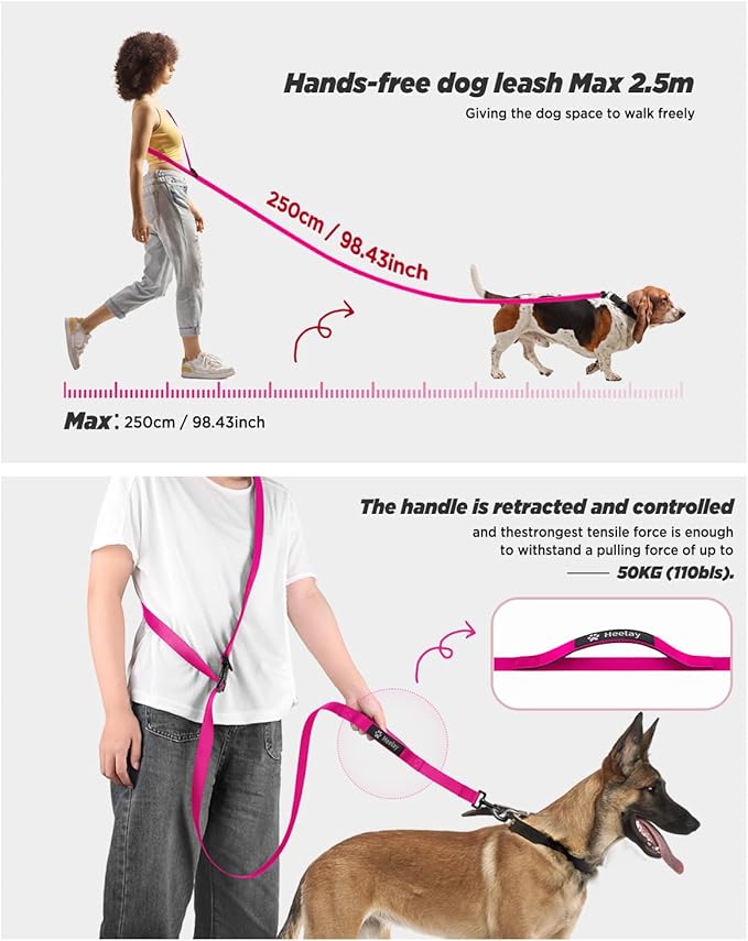 Hands Free Dog Leash, 8.2ft Multifunctional Crossbody Rope with Explosion-Proof Handle and Adjustable Training Hands Free Leash for Medium,Large Dogs Walking,Pink