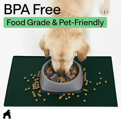 GORILLA GRIP 100% Waterproof Raised Edge BPA Free Silicone Pet Feeding Mat, Dog Cat Food Mats Contain Spills Protects Floors, Placemats for Cats and Dogs Water Bowl, Pets Accessories 28x18 Green