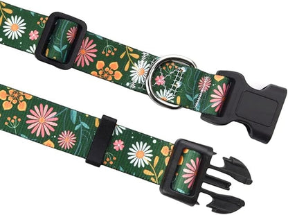 Dog Collar and Leash Set with Bohemia Floral Tribal Geometric Patterns - Soft Ethnic Style Collar Adjustable for Small Medium Large Dogs(Dark Green Flower Set,XS)