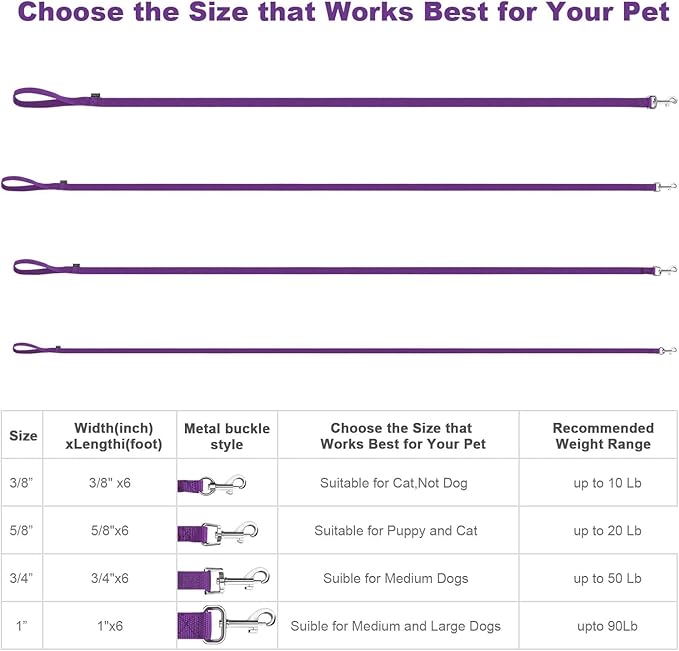 AMAGOOD 6 FT Puppy/Leash, Strong Traditional Style with Easy to Use Collar Hook, Great for Small, Medium and Large Dogs (5/8in x 6 ft, Purple)
