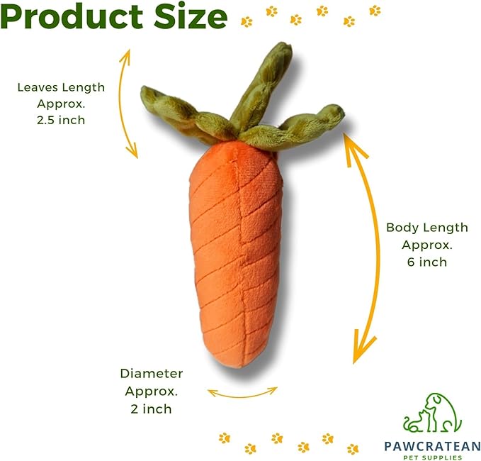 7" Squeaky Plush Toy for Puppies Small Dogs Self Etertainment Washable Soft Made [PET ONLY] (Carrot)
