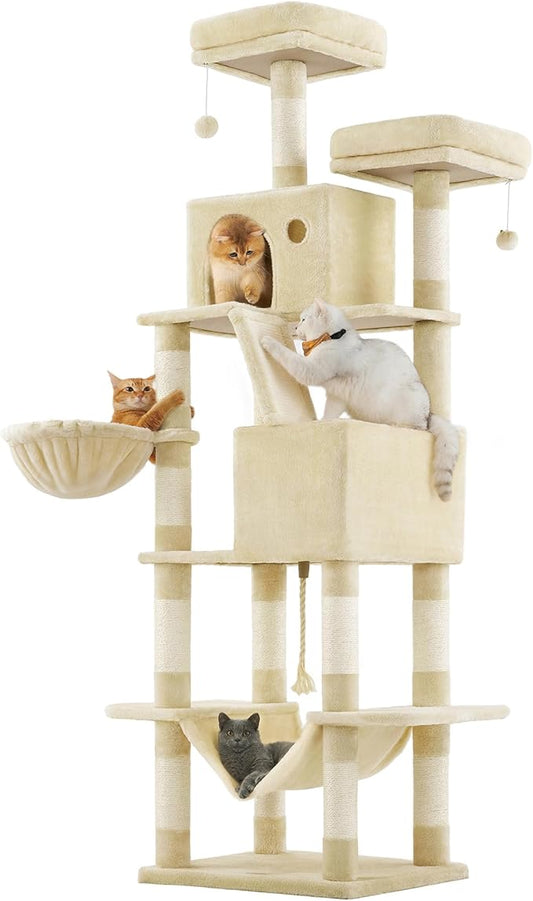 Feandrea Cat Tree, 81.1-Inch Large Cat Tower, Multi-Level Plush Condo with 13 Scratching Posts, 2 Perches, 2 Caves, Basket, Hammock, Pompoms, Beige UPCT190M01
