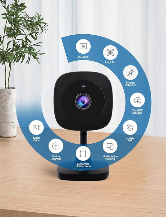 2K Home Indoor Pet Security Camera 2.4GHz with Night Vision, Dog/Cat 2-Way Audio, Wired, Motion Detection and Pet Monitor, Cloud & SD Card Storage, Phone App Control (Black-2Pack)