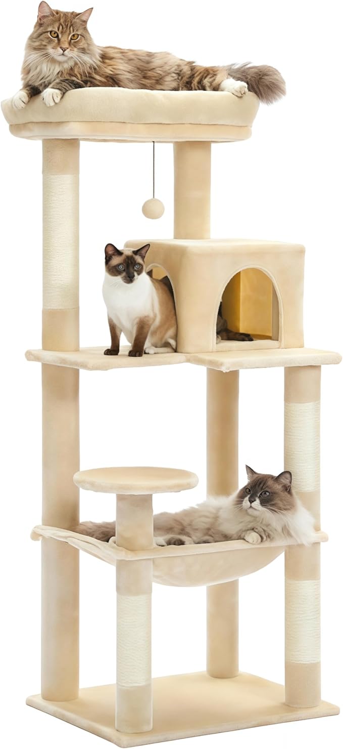 Cat Tree for Large Cats Adult with Metal Plush Big Hammock, 56.3" Cat Tower with 2 Door Condo House, 6-Tier Cat Shelves with Scratching Posts and Large Top Perch, Beige