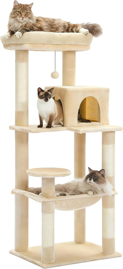 Cat Tree for Large Cats Adult with Metal Plush Big Hammock, 56.3" Cat Tower with 2 Door Condo House, 6-Tier Cat Shelves with Scratching Posts and Large Top Perch, Beige