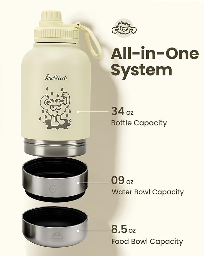 34oz Dog Water Bottle, Stainless Steel Dog Water Bottle Dispenser with Detachable Food & Water Bowls, Keeps Water Hot/Cold, for Walking, Hiking, Camping(Cream)