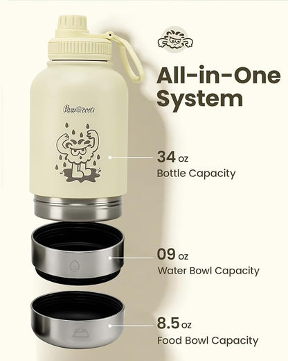 34oz Dog Water Bottle, Stainless Steel Dog Water Bottle Dispenser with Detachable Food & Water Bowls, Keeps Water Hot/Cold, for Walking, Hiking, Camping(Cream)