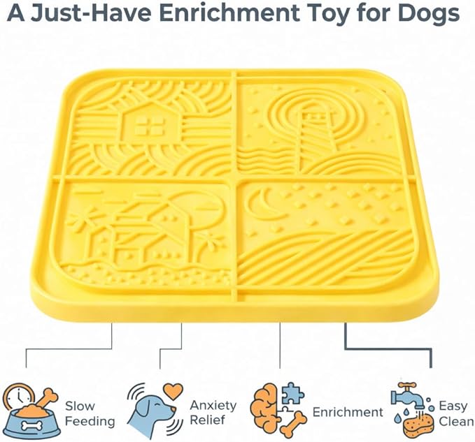 Dog Lick Mat with Suction Cups, 4-Texture Enrichment Slow Feeder for Dogs & Cats, Non-Slip Silicone Licking Pad for Anxiety Relief, Bathing & Training (Yellow)