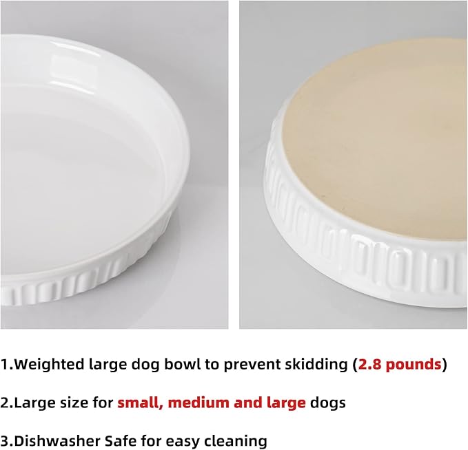 Fun Elements Shallow Dog Bowls, 10.5" Ceramic Large Food Plate for Small, Medium and Large Breeds, Non-Slip, Flat and Wide, Dishwasher Safe, Suitable for Dogs and Cats (White)