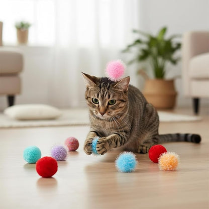 14 Pcs Cat Pom Pom Balls 2 Inches Cat Balls Toy Cats Poms Poms Sparkle Fuzzy Ball Yarn Puffs Interactive Cats Toy Interactive Kitten Chasing Toys