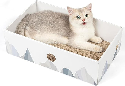 Cat Scratcher Box with Heavy-Duty Double-Sided Cardboard Pad, Cardboard Lounger, Interactive Hole Design, Cat Bed for Indoor Cats, White, Large