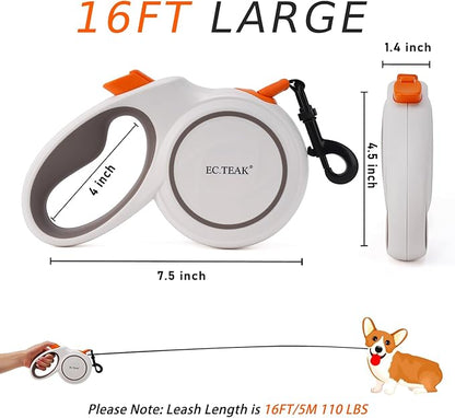 Retractable Dog Leash, 16 ft Dog Leash Retractable for Medium/Large Dogs up to 110 lbs, Strong Nylon Tape, Tangle Free, One-Hand Brake, Large White