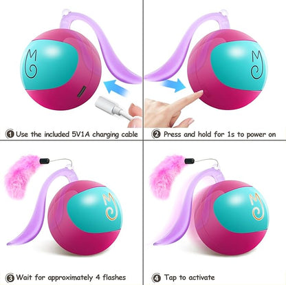 Migipaws 2-in-1 Interactive Cat Toy Ball – Paw Friendly Kicking Chasing Ball with Bonus Fluffy Tail for Indoor Cats Random Rolling Auto Escape Corners Tangle-Free Quiet USB Rechargeable (Rose)