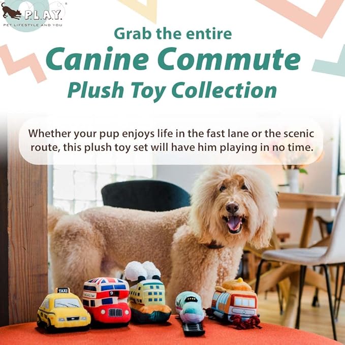 P.L.A.Y. Cute Plush Dog Toys - Canine Commute, Travel Themed Durable Squeaker Chew Toy, Great for Puppies & Small, Medium, Large Dog Breeds - Machine Washable, Recycled Materials (Lickety-Split Bus)