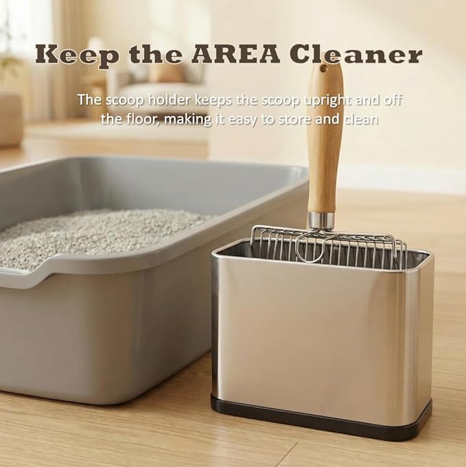 Metal Cat Litter Scoop with Holder, Stainless Steel Cat Litter Scooper Holder Trash Container, Heavy-Duty Kitty Poop Scooper with Coarse and Fine Grids for All Litter Pan