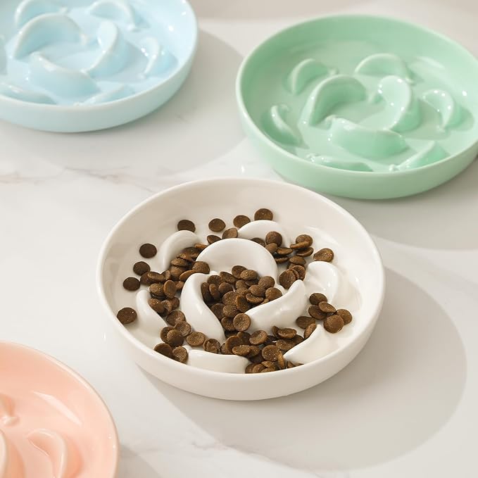 Cat Slow Feeder Bowl Set - 2 Pcs Ceramic Cat Food Plates for Slow Eating - Double Cat Dish for Dry Wet Food - Slow Feeding Cat Bowls Whisker Friendly - Microwave and Dishwasher Safe - White and Blue
