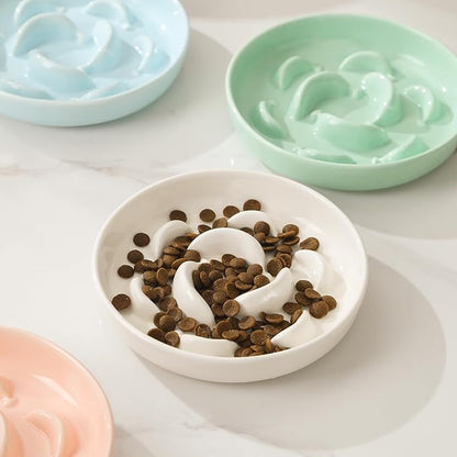 Cat Slow Feeder Bowl Set - 2 Pcs Ceramic Cat Food Plates for Slow Eating - Double Cat Dish for Dry Wet Food - Slow Feeding Cat Bowls Whisker Friendly - Microwave and Dishwasher Safe - White and Blue