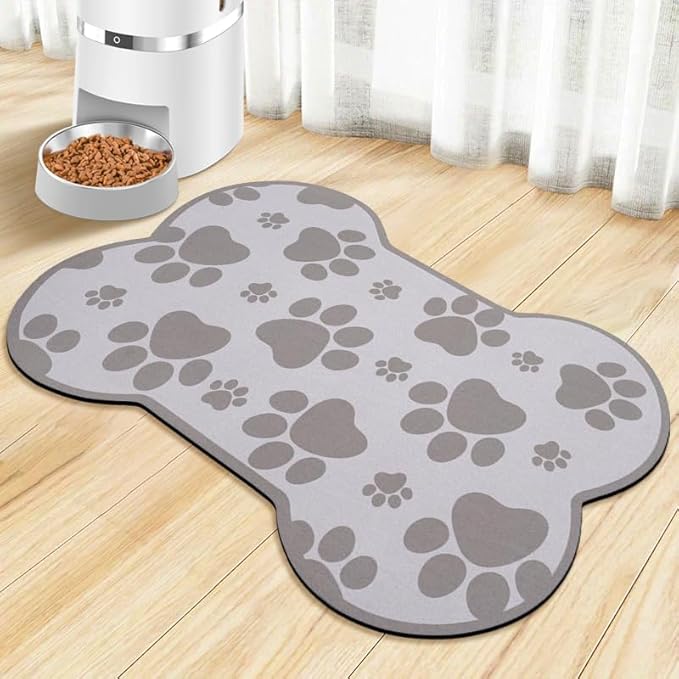 Dog Food Mats for Floors Waterproof, Pet Feeding Absorbent Water Bowl Mat Cat Placemats Gray Bone Shape 19 * 12 inch