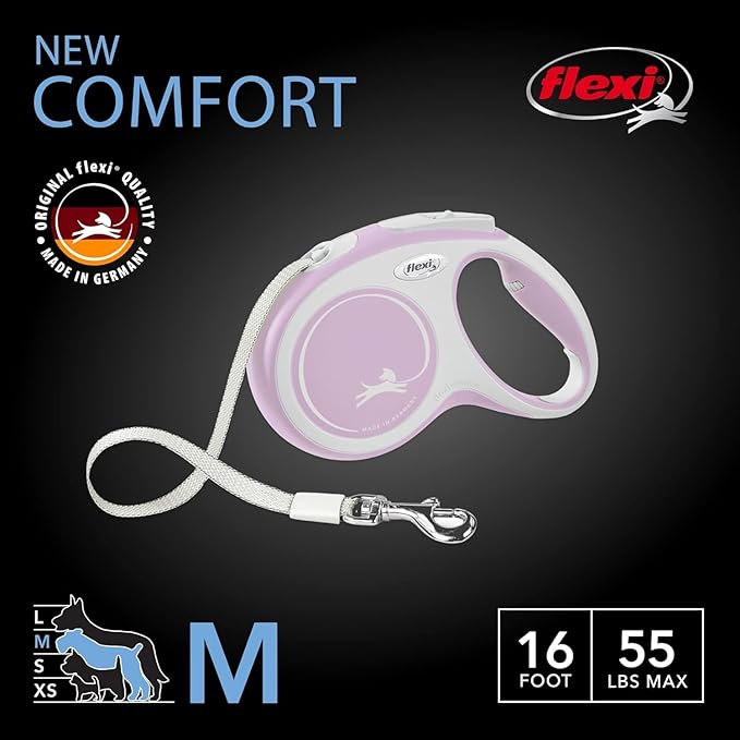 FLEXI® New Comfort Tape Retractable Dog Leash for Medium Dogs Upto 55 lbs. – 16 ft.,Pink/Rose | Tangle Free Pet Walking Leash with One-Handed Brake, Pause, Lock |German Quality Product