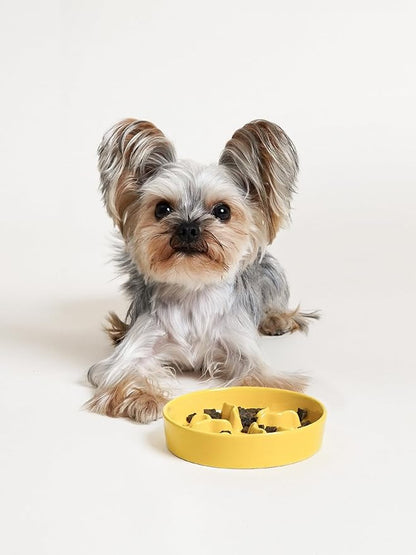 LE TAUCI PET Ceramic Slow Feeder Dog Bowls Small Breed, 0.5 Cups Dog Food Dish for Fast Eaters, Puzzle Bowl for Small Dogs and Cats, 5.5 Inch-Yellow