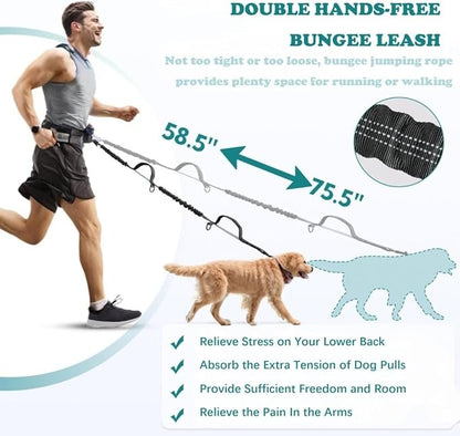 Hands Free Dog Leash with Pouch, Dual Attachment for Two Dogs, Retractable Bungee with Double Padded Handles, Waist-Mounted for Running,Walking, Jogging Friendly Dog Accessories (Black/Mint Green)