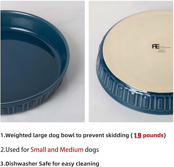 Fun Elements Shallow Dog Bowls, 8" Ceramic Dog Food Plate for Small and Medium Breeds, Non-Slip, Flat and Wide, Dishwasher Safe, Suitable for Puppies and Kittens (Blue)