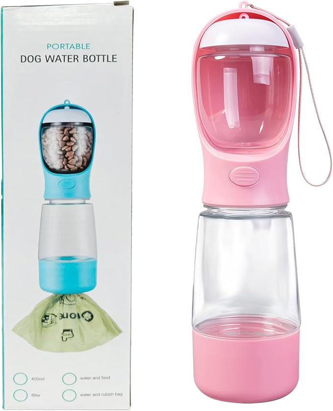 3-in-1 Dog Water Bottle Portable Leak Proof Pet Water Dispenser with Built-in Snack Storage & Waste Bag Holder 14oz for Outdoor Walking, Hiking Travel Pink