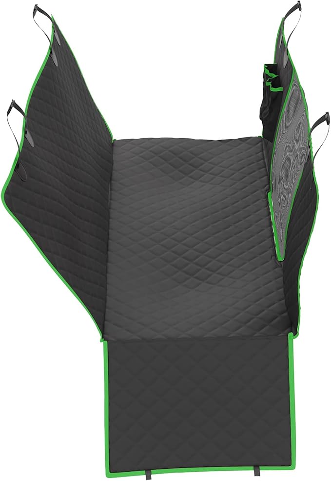 Dog Car Seat Cover, Back Seat Pet Cover - Waterproof, Scratchproof, Nonslip, Hammock, Backseat Protection from Fur, Dirt, Accidents, Car Size, Black/Green Color, Safety Harness Included