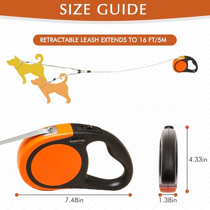 KOOLTAIL Dual Retractable Dog Leash for Two Dogs Up to 110 Lbs, Heavy Duty Double Headed 16 ft Extendable 360° Tangle-Free One Button&Lock Brake Dog Leash for Small Medium Large Dogs PuppyOrange