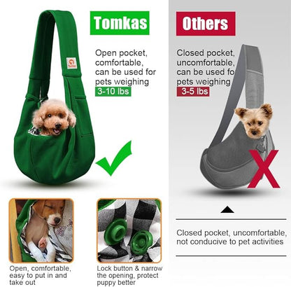 Tomkas Small Dog Cat Sling Carrier Puppy Purse Travel Wrap Soft Crossbody Pet Bag (Emerald Green, M - Classic Pocket & Classic Strap)