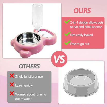 Rabbit Double Bowls Bunny Automatic Water Dispenser Detachable Stainless Steel Bowl No-Spill Water Bottle Food Feeder for Small Animals Bunny Squirrel Cat Puppy Chinchilla