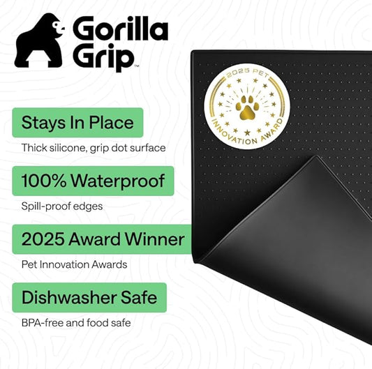 GORILLA GRIP 100% Waterproof Raised Edge BPA Free Silicone Pet Feeding Mat, Dog Cat Food Mats Contain Spills Protects Floors, Placemats for Cats and Dogs Water Bowl, Pets Accessories 18.5x11.5 Black