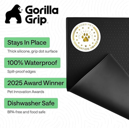 GORILLA GRIP 100% Waterproof Raised Edge BPA Free Silicone Pet Feeding Mat, Dog Cat Food Mats Contain Spills Protects Floors, Placemats for Cats and Dogs Water Bowl, Pets Accessories 16x10, Black