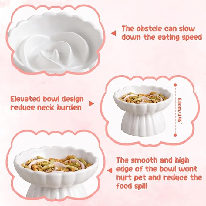 Ceramic Slow Feeder Cat Bowl 5.5inch with Lick Mat,Elevated Food Bowl for Cats and Small Dogs,Cute Flower Shape for Dry and Wet Food-White Bowl+Pink Lick Mat