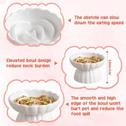 Ceramic Slow Feeder Cat Bowl 5.5inch with Lick Mat,Elevated Food Bowl for Cats and Small Dogs,Cute Flower Shape for Dry and Wet Food-White Bowl+Pink Lick Mat