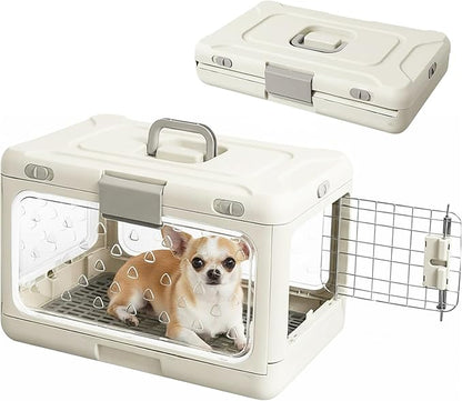 Hard Cat Carrier,Dog Crate for Small Dogs,Cat Kennel Clear,Foldable Dog Kennel with Urine Pad Mesh Grid,Ventilation & Hard Plastic Protection Transparent Pet Carrier 20" L,White