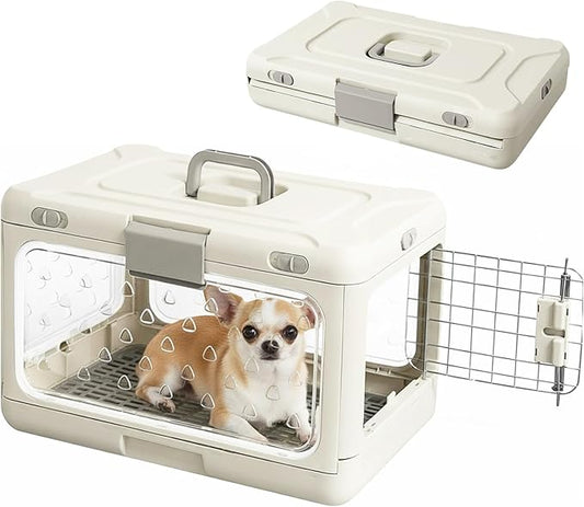 Hard Cat Carrier,Dog Crate for Small Dogs,Cat Kennel Clear,Foldable Dog Kennel with Urine Pad Mesh Grid,Ventilation & Hard Plastic Protection Transparent Pet Carrier 20" L,White