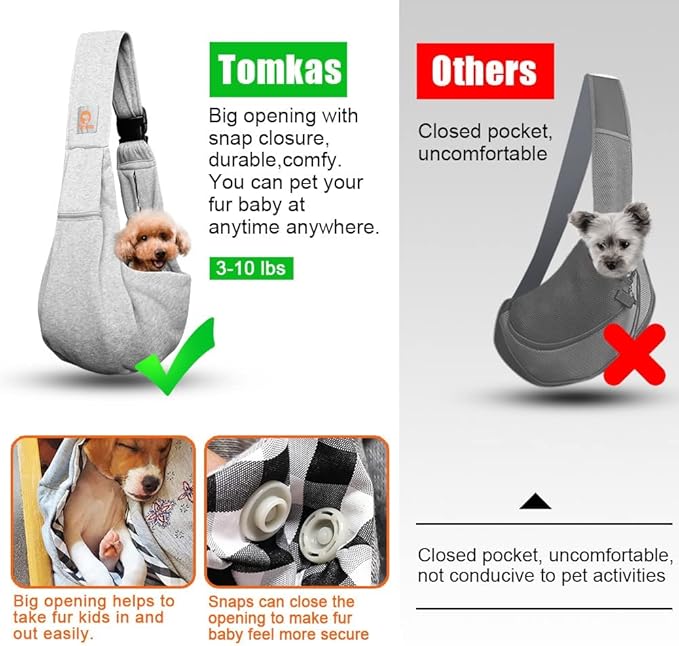 Tomkas Small Dog Sling Carrier - Cat Sling Carrier - Zipper Pocket & Adjustable Strap - for 3-10 lbs Pets(Gray) Puppy
