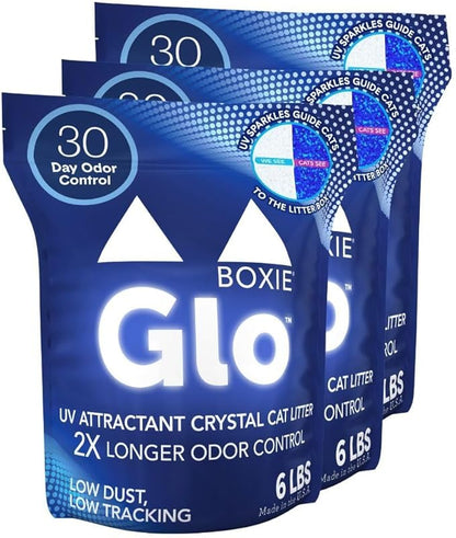 Boxie® Glo™ 30 Day Odor Control Non-Clumping Crystal Cat Litter, 18 lb, Natural Attractions, UV Light Attractant, Soft Granules, 99.9% Dust-Free, Long-Lasting for Multi-Cat Homes (3 Pack of 6lb Bags)
