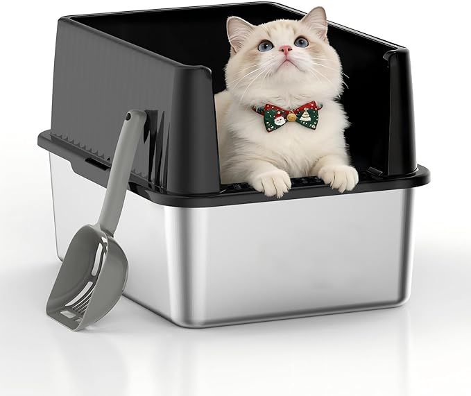 11.8" High Sided Cat Litter Box, Open-Top, Low Entry for Kittens & Small Cats, Stainless Steel Litter Pan Easy to Clean, Anti-Leak, Compact Space-Saving Size(17.3" L x 13.4" W × 11.8" H)