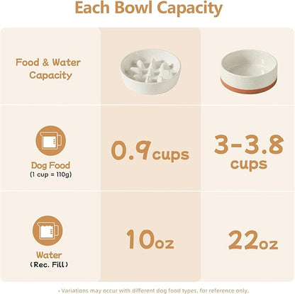 Ceramic 0.9 Cup Raised Slow Feeder Dog Food and Water Bowl Set, Elevated 6.1inch Bowl and 6.1inch Dish with Acacia Wood Stand for Small Dogs(2 x Vanilla White+ Stand)