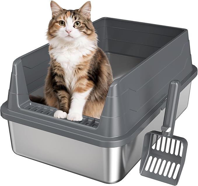 Stainless Steel Cat Litter Box, Odor Free Metal Litter Box with High Sides Lid, Open Top Low Entry Litter Pan Include Scoop Easy Cleaning Anti-Scratch Kitty Cat Box Anti-Urine Leakage, Non-Sticky