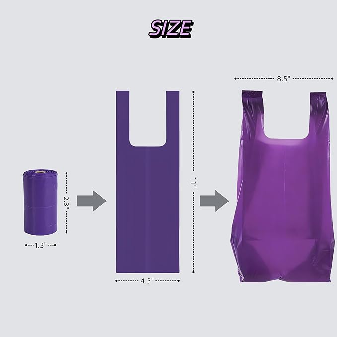Purple T-Shirt Poop Bags with Easy-Tie Handles – Leak-Proof, Extra Thick Waste Bags for Small Dogs & Cats,6 Rolls (90 Count)