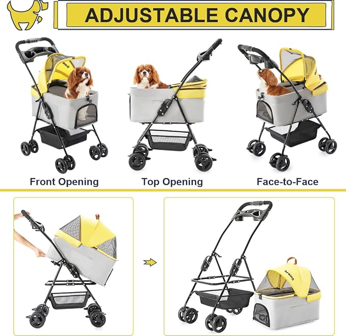 3-in-1 Pet Stroller for Small Dogs and Cats, Folding Lightweight Dog Stroller with Detachable Carrier Portable Cat Puppy Jogging Stroller with Cup Holder and Storage Basket, 4 Wheels