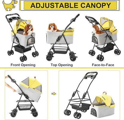 3-in-1 Pet Stroller for Small Dogs and Cats, Folding Lightweight Dog Stroller with Detachable Carrier Portable Cat Puppy Jogging Stroller with Cup Holder and Storage Basket, 4 Wheels