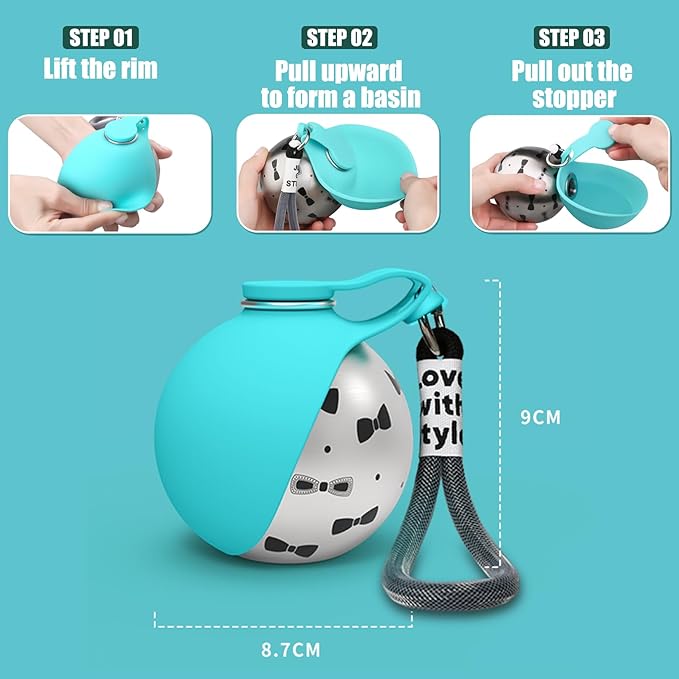 2-in-1 Portable Dog Water Bottle for Small Dogs - Leak-Proof, Compact & Foldable Pet Water Bottle with Silicone Bowl, 10oz for Walking & Travel - Stainless Steel, One-Hand Operation (1 Pink)