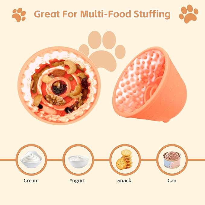 Dog Lick Bowl, Anxiety Relief Silicone Slow Feeder Treat Dispenser, Anti-chocking Pet Dish, Non-Slip Licking Bowl Interactive Entertainment Dog Puzzle Toy for Small & Medium-Light Orange