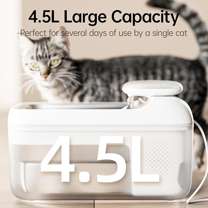 Automatic Pet Water Fountain 4.5L Large Capacity Stainless Steel Drink Tray Cat Water Dispenser Ultra-Quiet Pump Multi-Filtration System for Cats, Dogs, Multiple Pets S7 Lite White