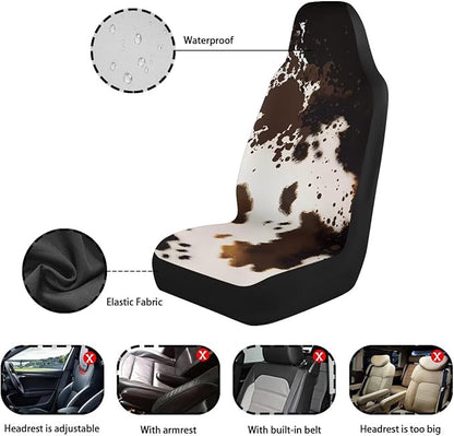 Car Seat Covers Waterproof Brown Cow Print Car Seat Covers Front Seats Only Easy Installation Stretch Polyester Fabric Cover Suitable for Cars, SUV and Trucks, 2 Pack